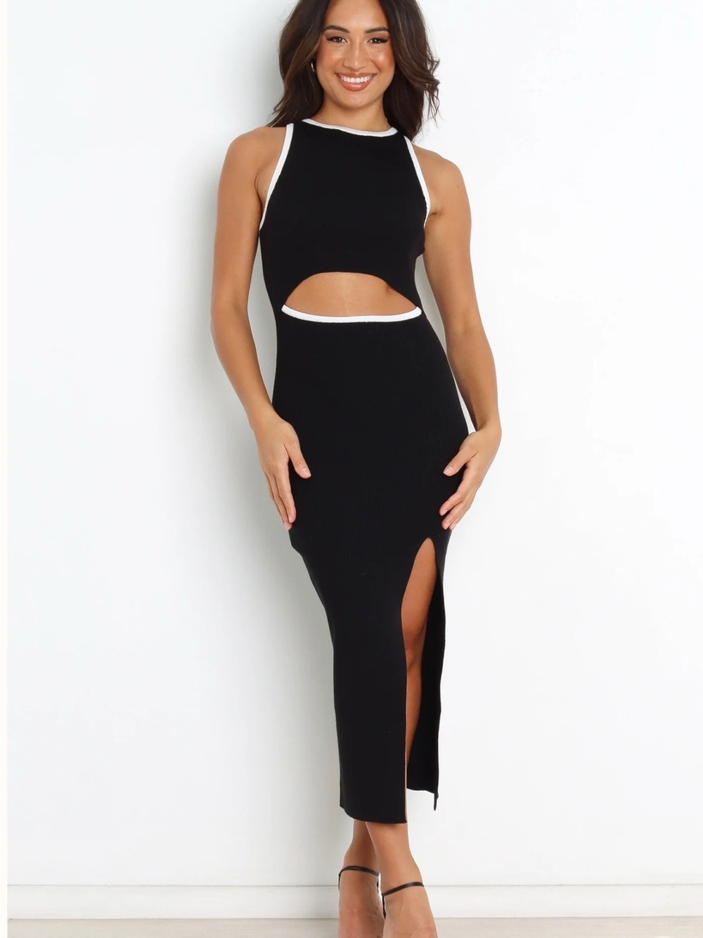 Petal & Pup Black Midi Cutout Dress with White Trim